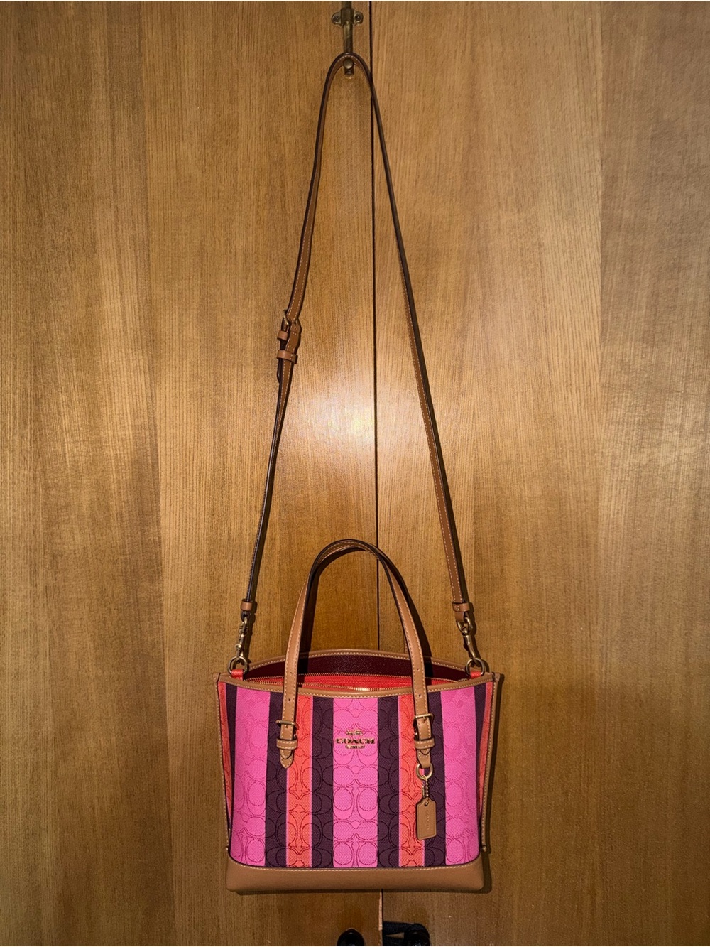 Coach Mollie 25 Pink and Orange Stripe Satchel with Tan Trim - Picture 3 of 16